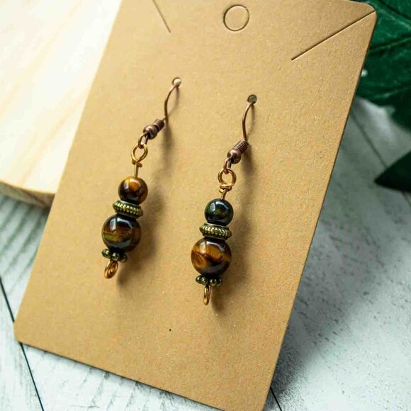 Tiger’s Eye Drop Earrings with Bronze and Copper Accents - Picture 4 of 11